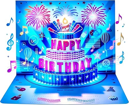 ZOEDO Pop Up Birthday Card, LED Light & Music & Blow Out Candle Light Cards