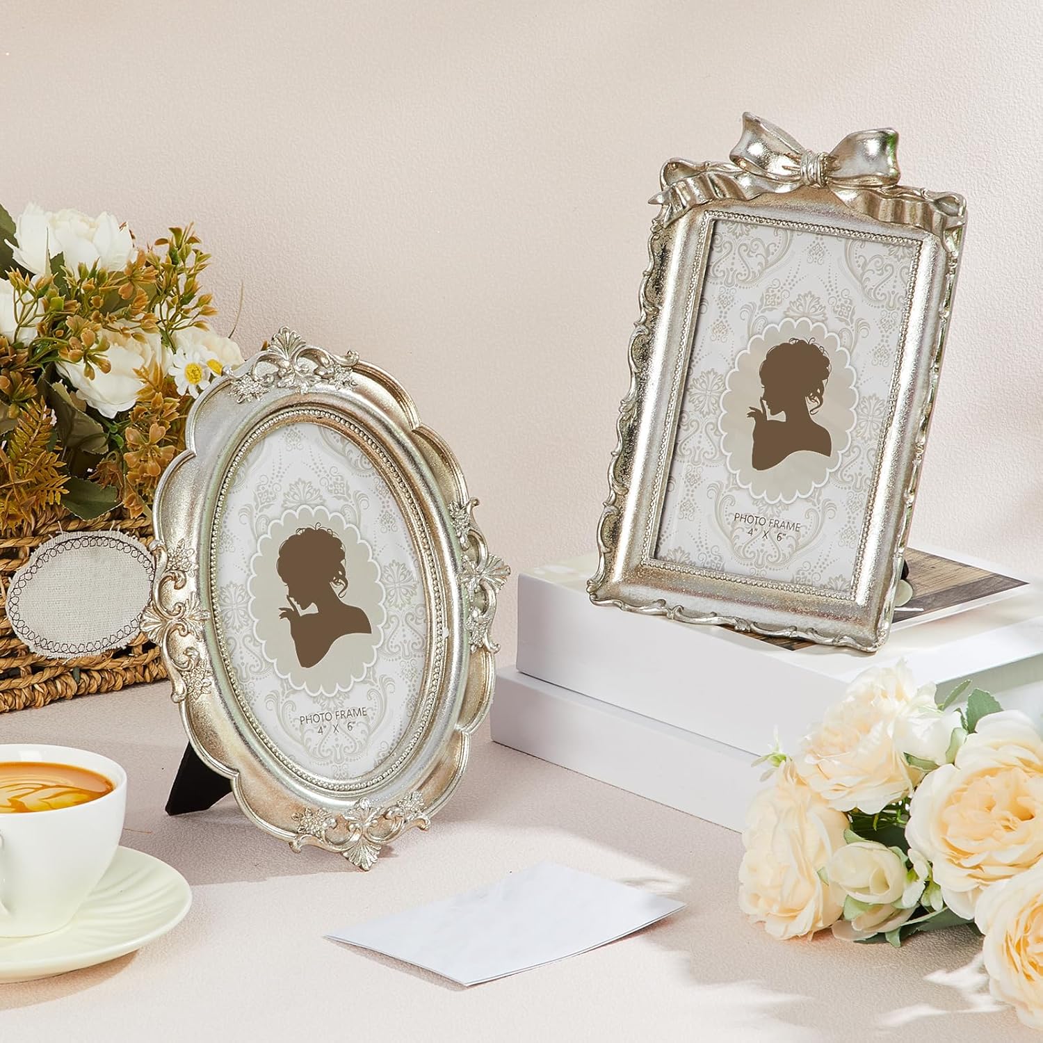 Qunclay 2 Pcs 4 x 6 Inches Vintage Picture Frames Antique Baroque Ornate Resin Rectangle Oval Photo Frames with Glass Front Tabletop and Wall Decor for Home Wedding Christmas Party Decor(Silver)