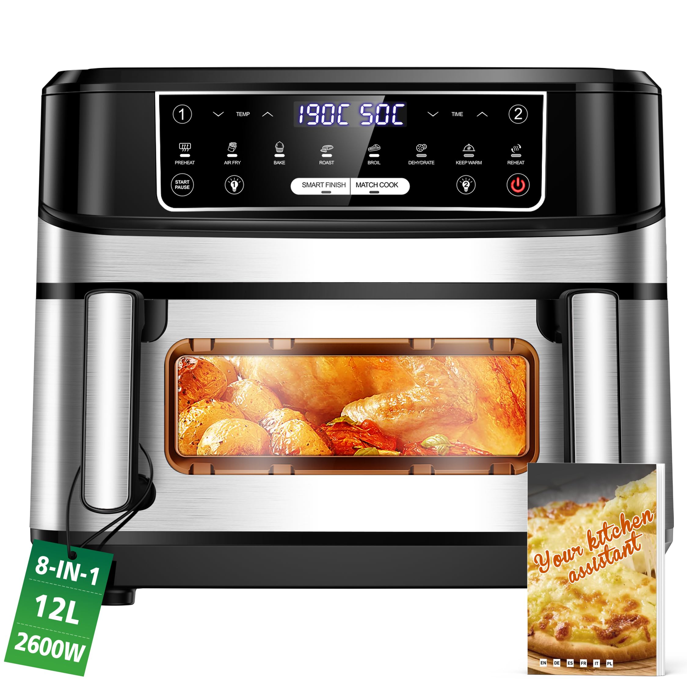 Heißluftfritteuse 2 Kammern | 12L Airfrey Einstellbar und Einzel Oder Doppelkammer mit Rezeptbuch, 8 Programme Unabhängige Kontrolle Heissluftfritteuse Doppelkammer, Air Fryer XXL Temperatur bis 200°C