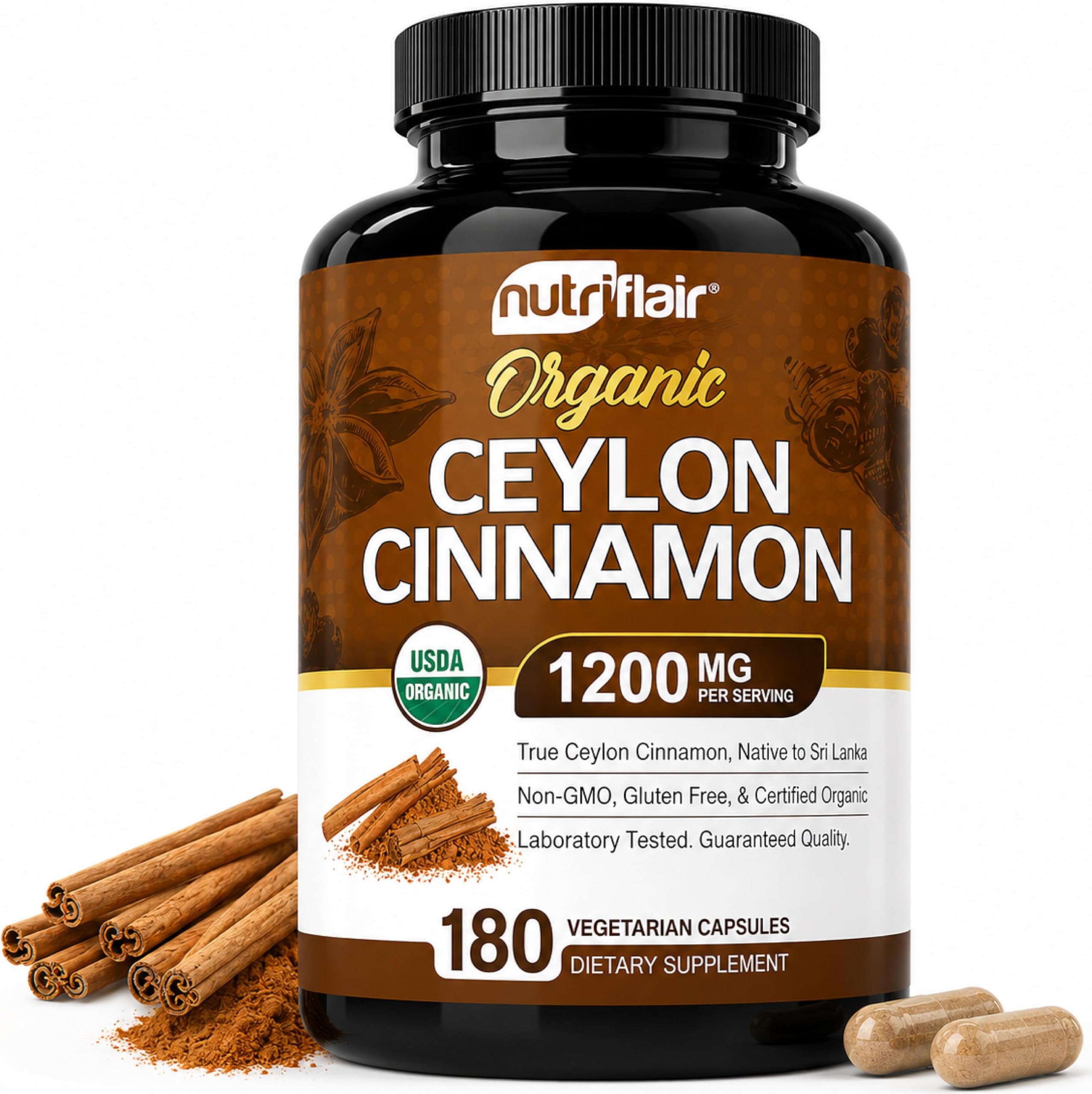 NutriFlair Organic Ceylon Cinnamon (100% Certified Organic Ceylon Cinnamon) 1200mg per Serving, 180 Capsules - Joints, Inflammatory, Antioxidant