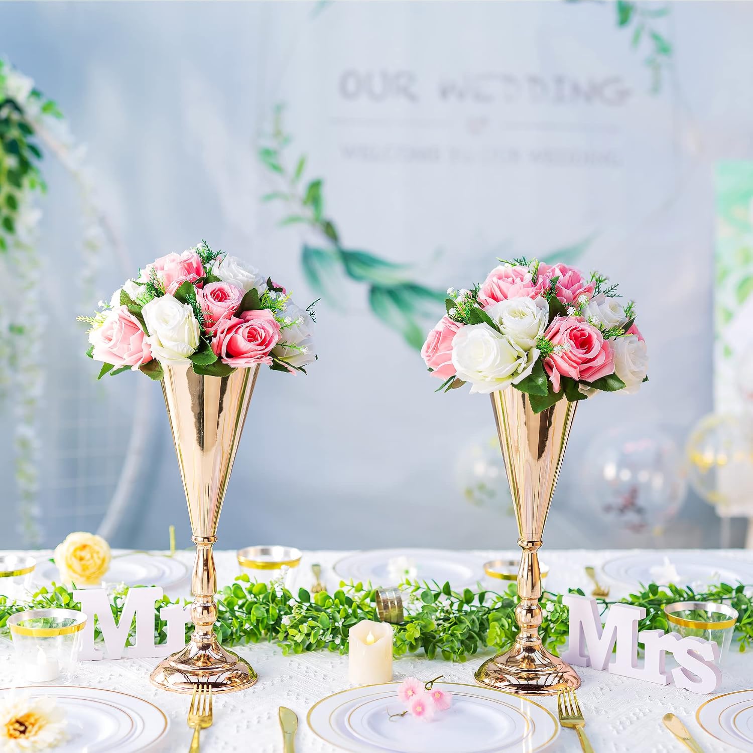 Gold Vase Centerpiece Table Decorations - 10 Pcs Metal Tabletop Flower Stand, Wedding Decorations for Reception, 14in Trumpet Tall Flower Vase for Birthday, Weddings, Anniversary, Home Decor