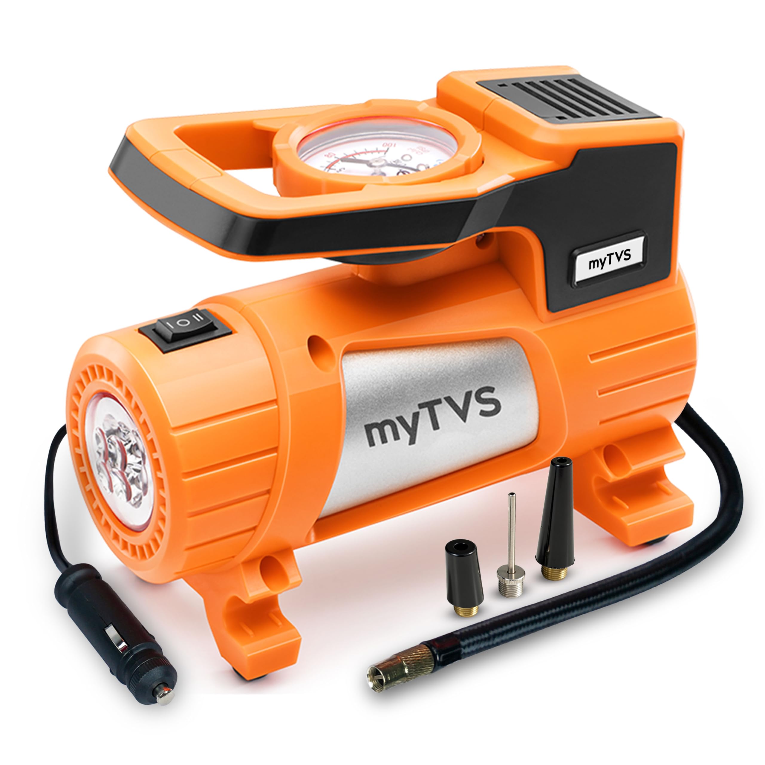 myTVS airJet Portable Tyre Inflator for Car, Bike, 100 PSI | 12V DC Air Compressor Best Sutied Air Pump for Sedan, SUV Tyre with LED Torch, 3m Cord Metal Body| 1+1 Years Warranty TI-7