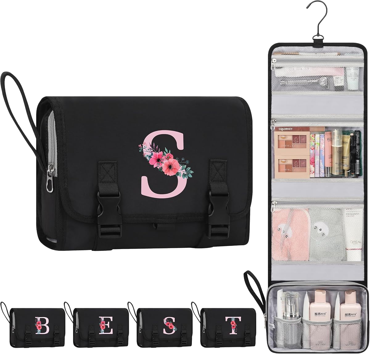 Travel Hanging Toiletry Bag with Compartments for Women, Black S | Initial Makeup Toiletries Organizer, Personalized Cosmetic Bags with Hanging Hook for Airplane Travel Essentials