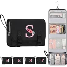 Relavel Travel Hanging Toiletry Bag for Women - Initial Makeup Toiletries Organizer with Compartments, Personalized Cosmetic Bags with Hanging Hook for Airplane Travel Essentials - Black S