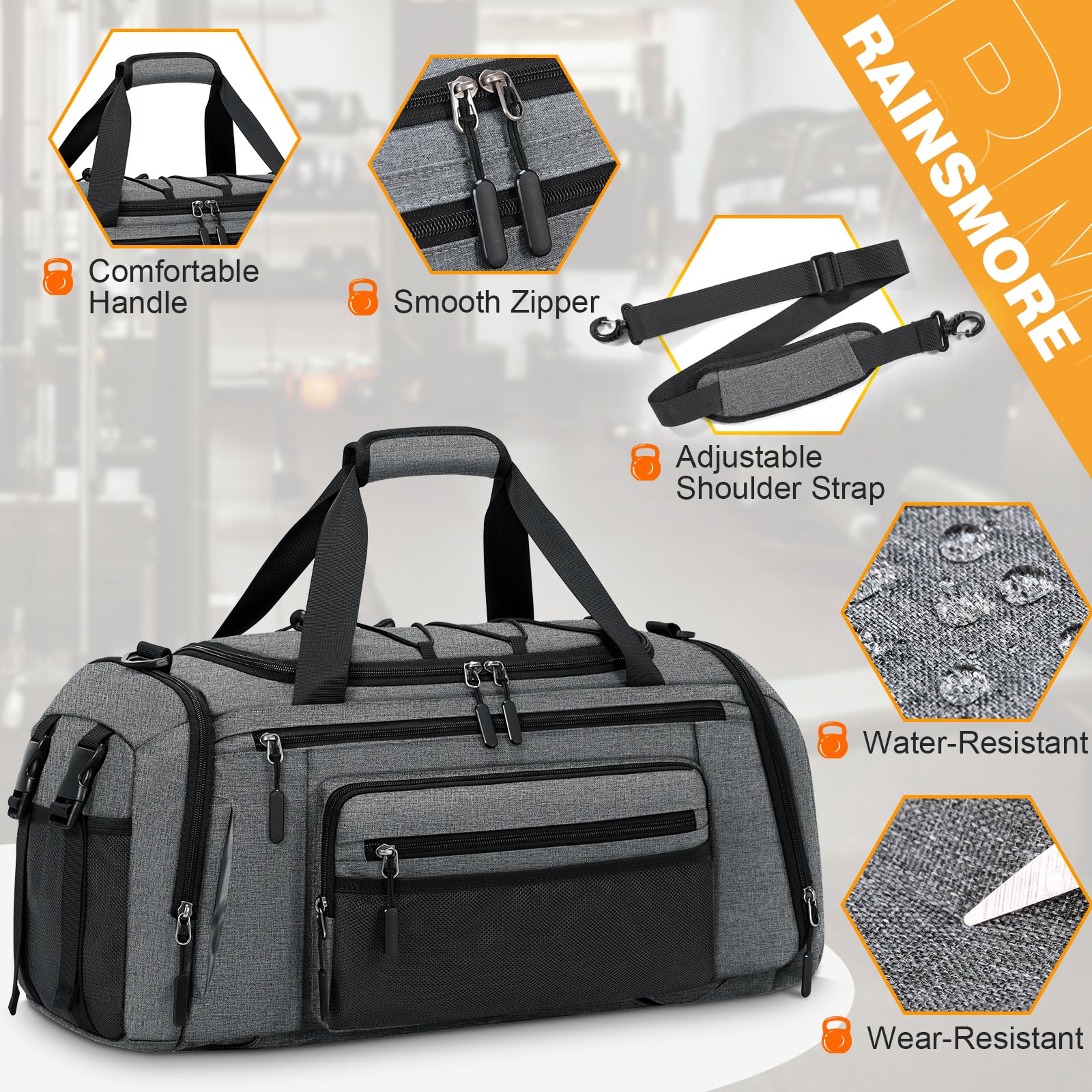 RAINSMORE Sac de Sport Homme Femme 45L Sac de Voyage avec Compartiment Chaussures et Humide pour Gym Fitness Weekend Gris