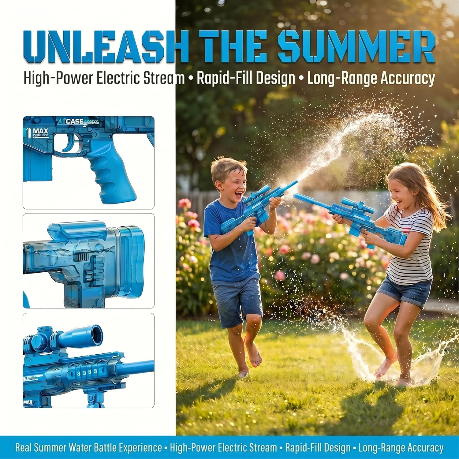 Long Electric Water Gun for Kids Adults, Automatic Water Blaster with LED Lights, Long Range Shooting, Large Capacity Water Tank, Summer Outdoor Pool Beach Toy Gift (Blue)