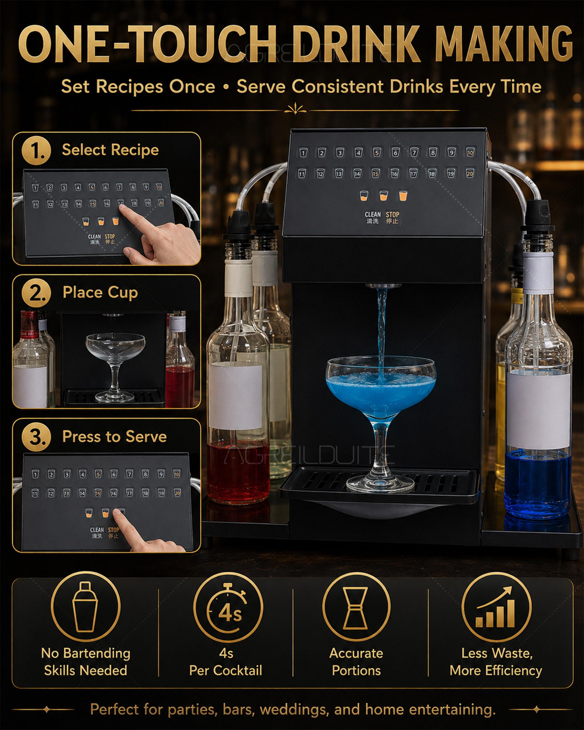 Kit para preparar cócteles en un bar, estación de cócteles profesional automatizada con función de autolimpieza, máquina inteligente para preparar bebidas con capacidad para 6 botellas de licores