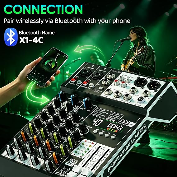 Audio Mixer 4 channel mixing desk, 99 DSP Effects, with Bluetooth & USB MP3 Player, 3-Band EQ, PAD & COMP per Channel-Digital Mixing Desk for Recording Karaoke,Live Music