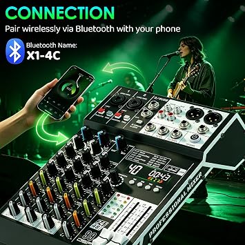 Audio Mixer 4 channel mixing desk, 99 DSP Effects, with Bluetooth & USB MP3 Player, 3-Band EQ, PAD & COMP per Channel-Digital Mixing Desk for Recording Karaoke,Live Music