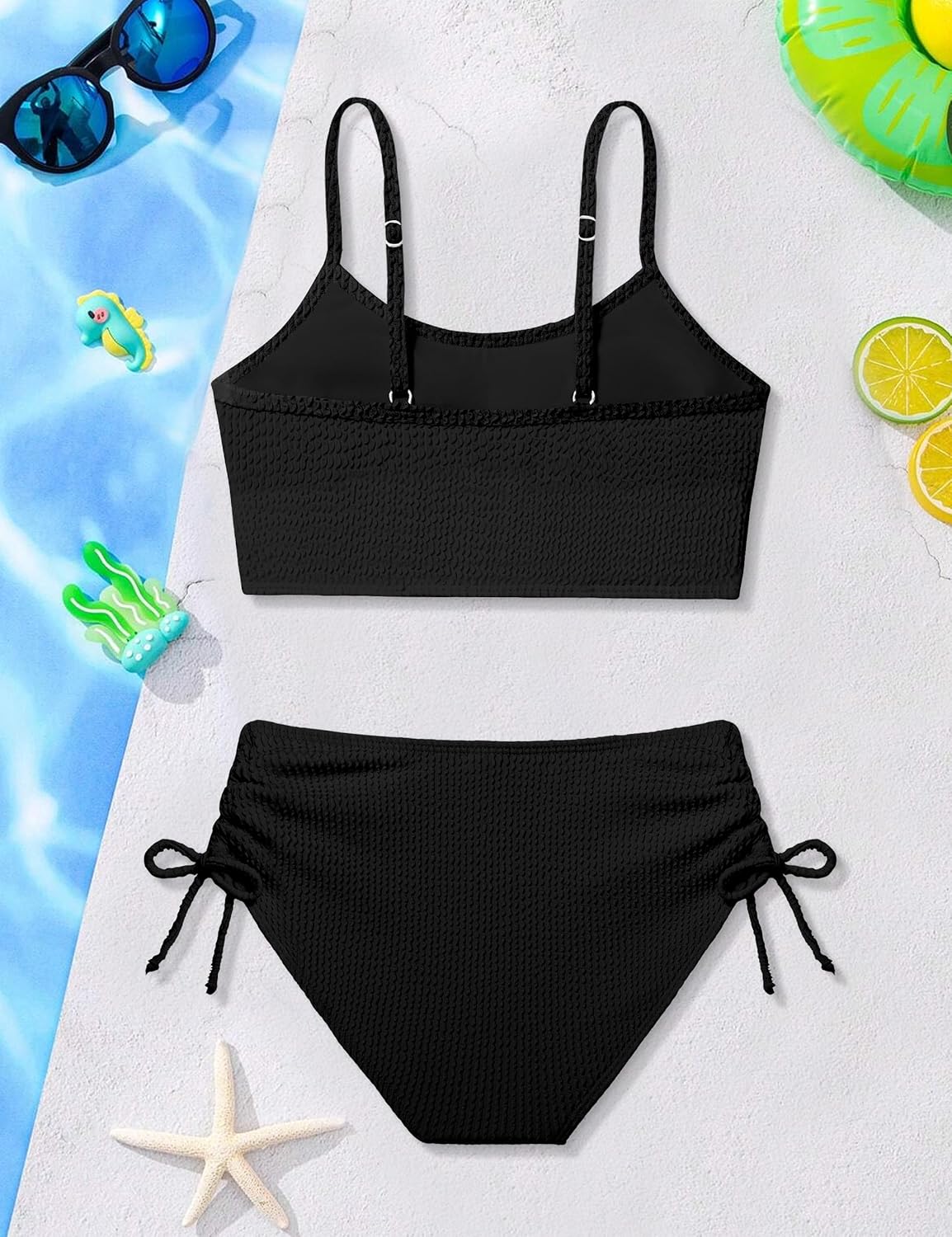 Girls Swimsuit Solid Color Adjustable Spaghetti Straps Drawstring Two Piece Bikini Set Girls Bathing Suit for 9-16Y - Image 7