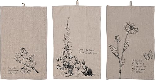 Creative Co-Op Large Linen Blend Decorative Nature and Text Prints and Loops for Kitchen, Cream, Set of 3 Tea Towels