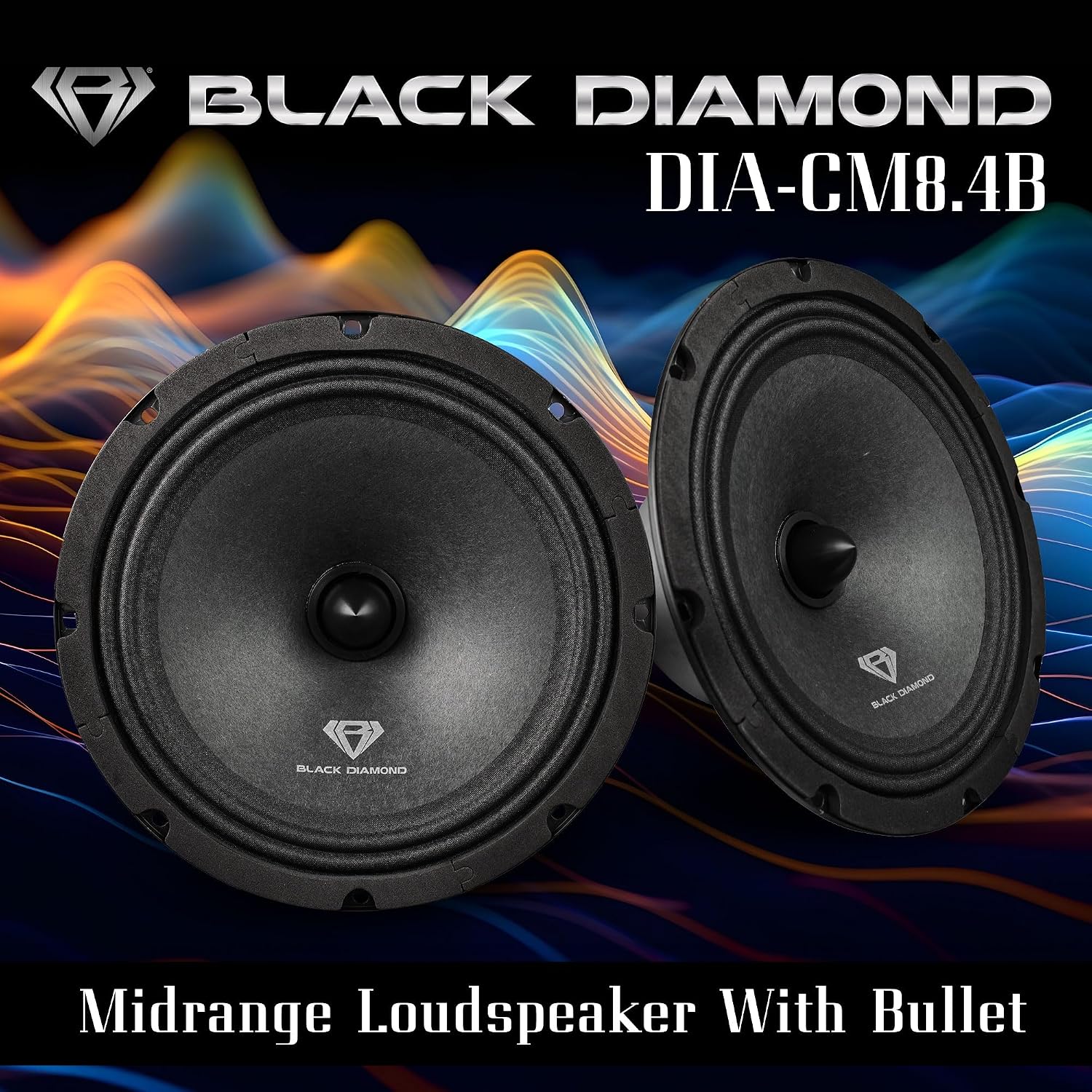 Black Diamond Dia-CM8.4B 8” Mid-Range Loudspeakers with Bullet – 140W Max / 70W RMS, 4-Ohm, 1.2” Voice Coil, High Efficiency Pro Audio Mids for Car & Truck Sound System (Pair)