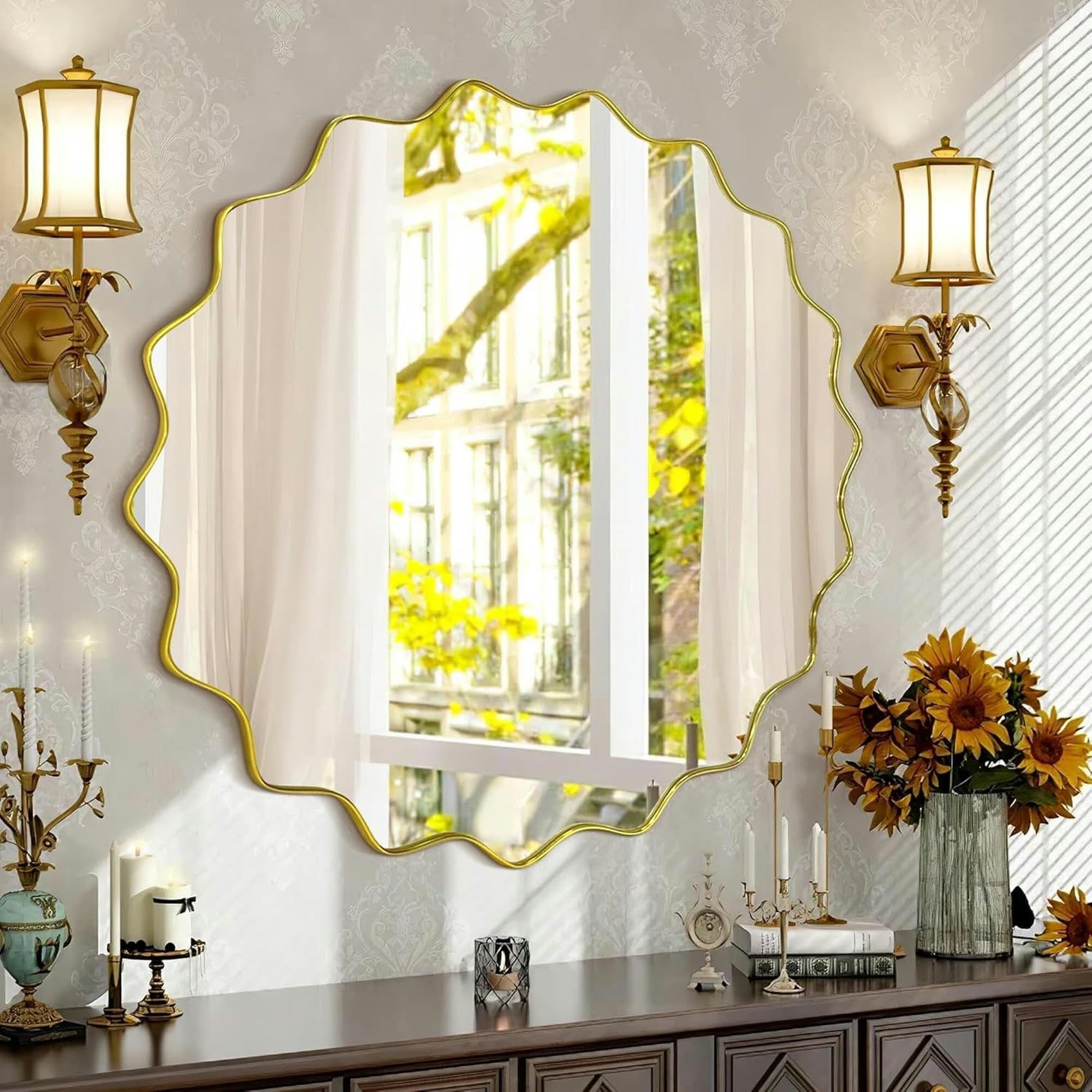 Miroir rond ondulé doré 28" mural asymétrique pour salle de bain