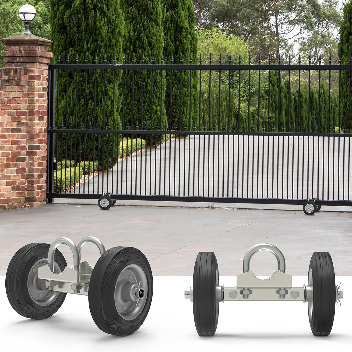 6" Rolling Gate Wheel for Chain Link Fence Rolling Sliding Gates Heavy-Duty Steel Rolling Gate with 2 Rubber Wheels for Metal Tube Gates and Driveway Gates