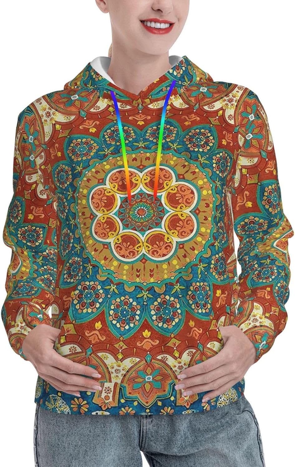 [abffhbea] パーカー レディース ヒッピー ボヘミアン 曼荼羅 フード付きスウェット 長袖 おしゃれ 体型カバー カジュア