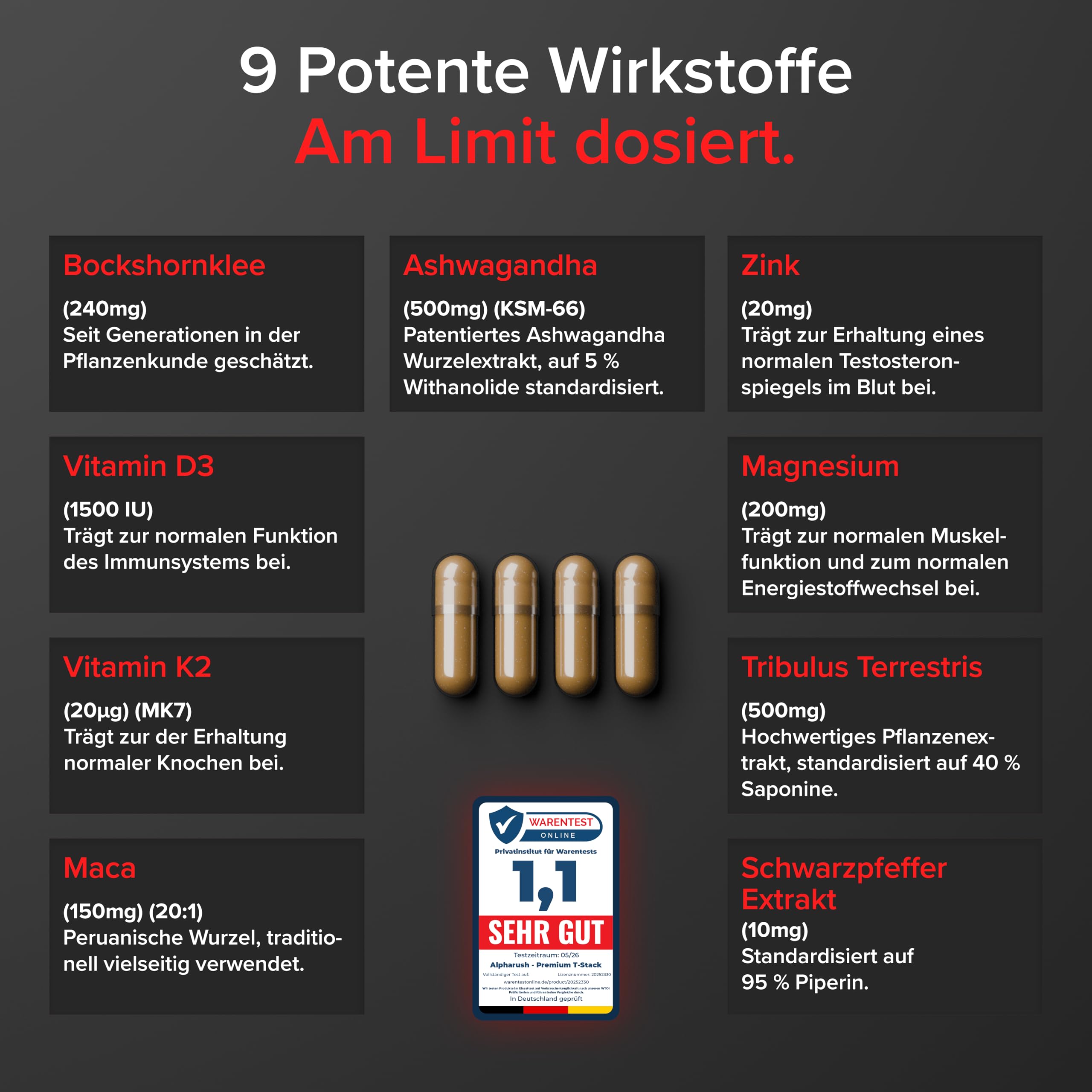 Premium T-Stack | Männer Komplex | Hochdosierter Booster mit Maca, Tribulus Terrestris, Ashwagandha | Maca Kapseln Männer | Alternative zu Tongkat Ali | 120 Men Kapseln Hochdosiert