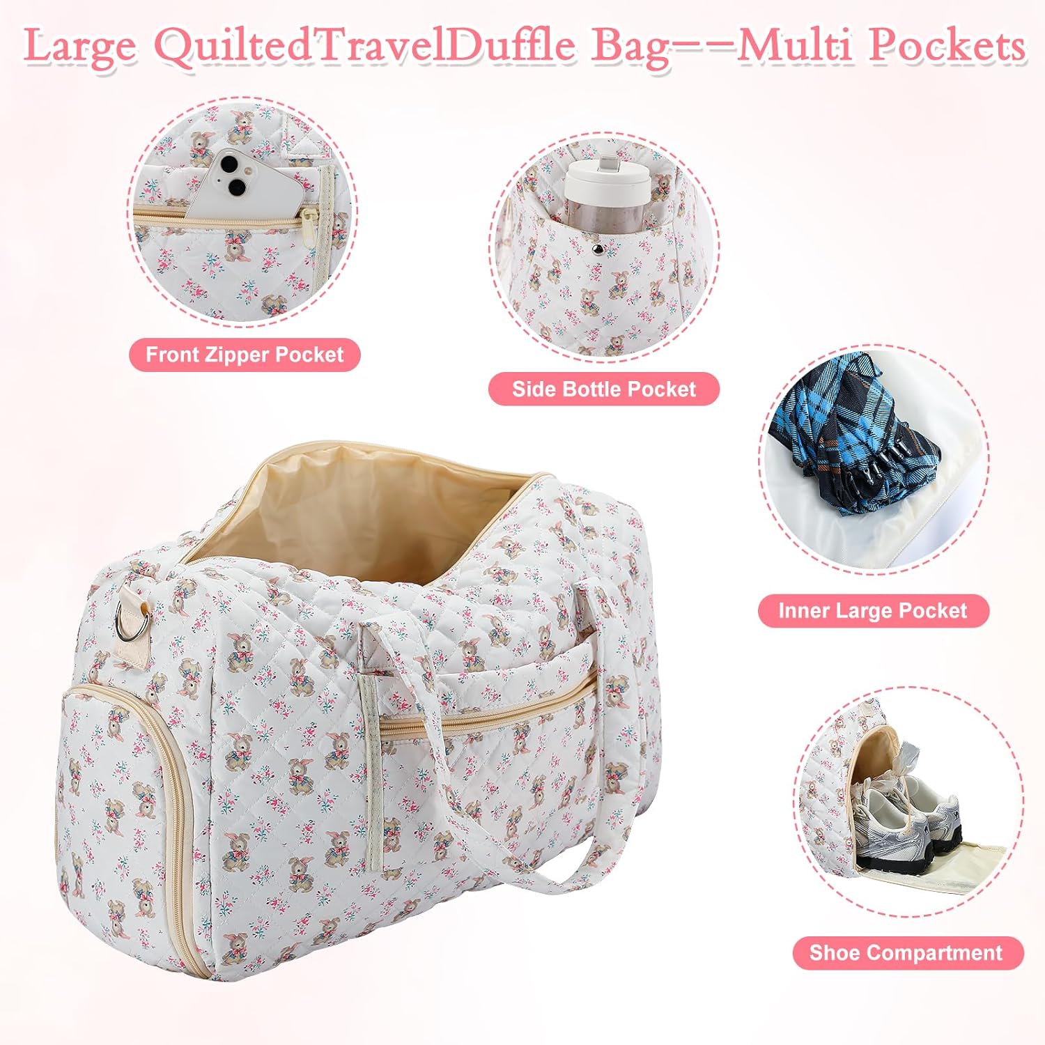 Large Quilted Travel Duffle Bag for Women Coquette White Pink Floral Sweetly Bunny Portable Gym Lightweight Weekender Bag Grocery Pouch Workout Overnight Carry on Duffle Pouch for Travel Work - Image 3