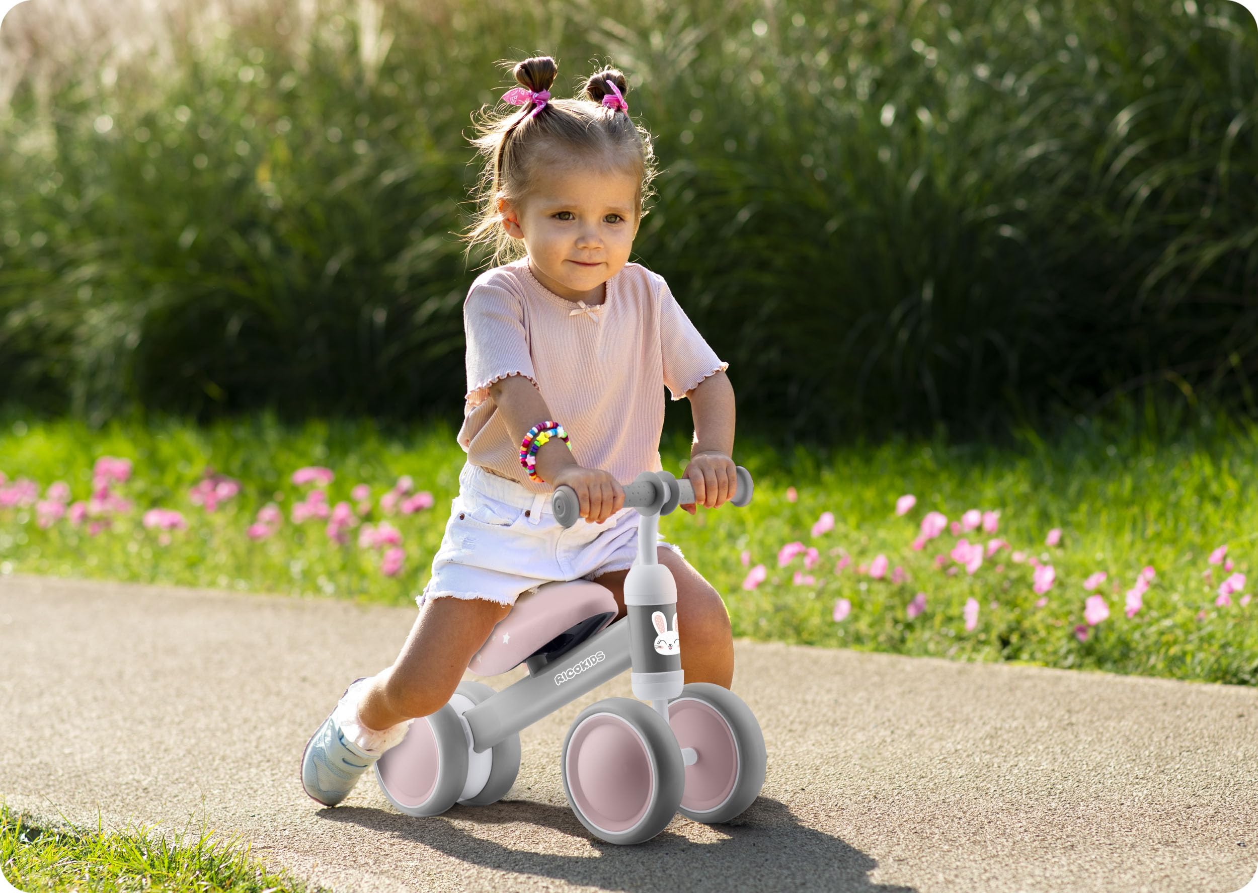 Ricokids Laufrad ab 1 Jahr - Kinderlaufrad Lauflernrad - Dreirad - stabile Stahlrahmen - Ultraleicht - Rosa Grau