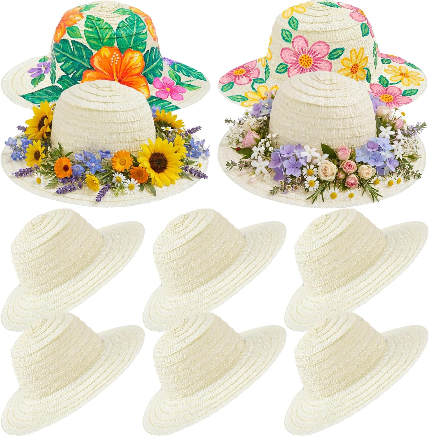 Mepase 10 Pcs DIY Straw Hats for Kids Tea Party Hats Summer Beach Sun Hat Cowboy Party Decoration Crafts Painting Supplies