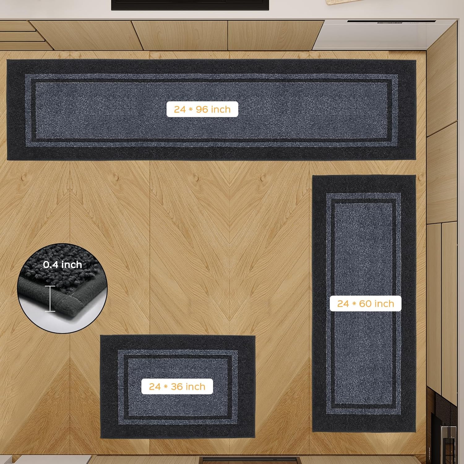 Kichen Rugs 24" x 96", Non-Slip Machine Washable Kitchen Runner Rugs Floor Mats, Absorbent Comfort Standing Mats for Kitchen, Sink, Laundry and Hallway, Bluish Grey & Charcoal 24" x 96" Bluish Grey & Charcoal