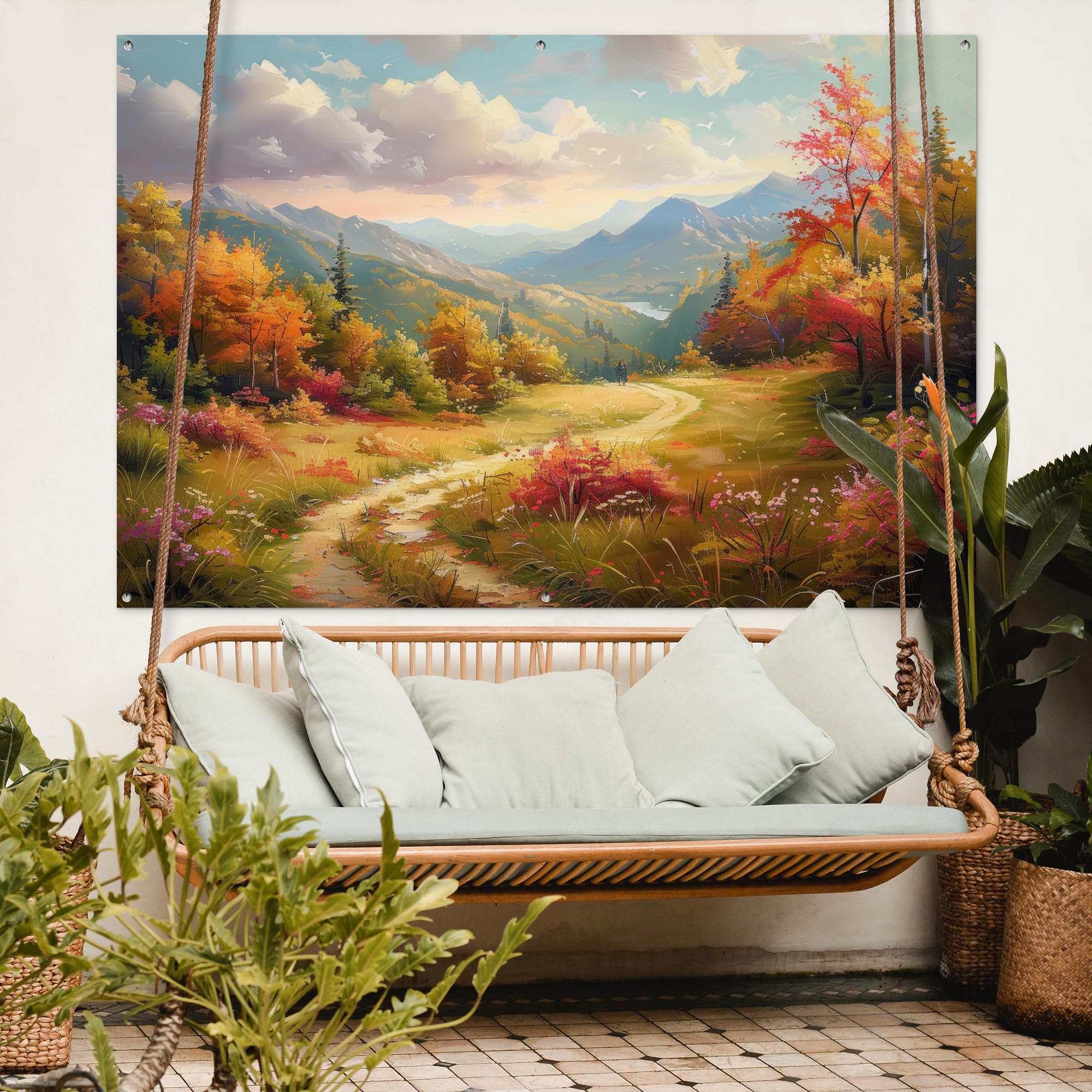 MuchoWow© Decoracion Jardin Exterior Decoración Pared Póster De Jardín | 180x120 cm - Balcón Wall Decoration Patio Posters Decorativos Terraza Paisaje - Ilustración - Naturaleza