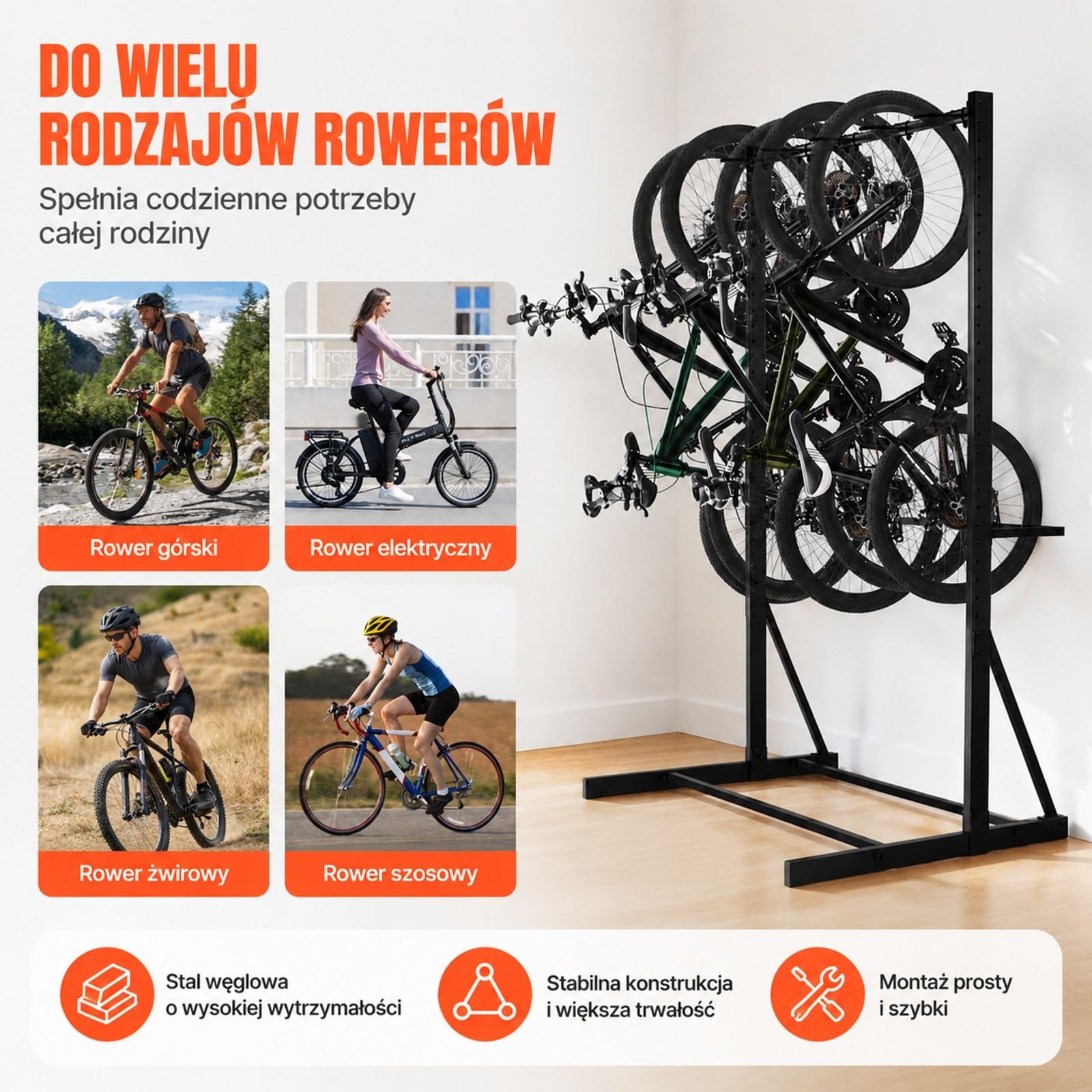 Pionowy stojak rowerowy na 5 sztuk z 5 hakami, stal węglowa, udźwig 136 kg, czarny strukturalny, do garażu, salonu i szopy