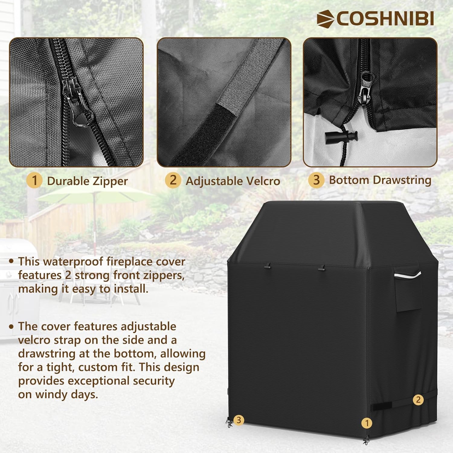 COSHNIBI Outdoor Fireplace Cover,Heavy Duty Waterproof Square Chimineas Fireplace Covers,Cover for Panovue Chiminea Fire Pits,32”L x 24”W x 45”H,Black