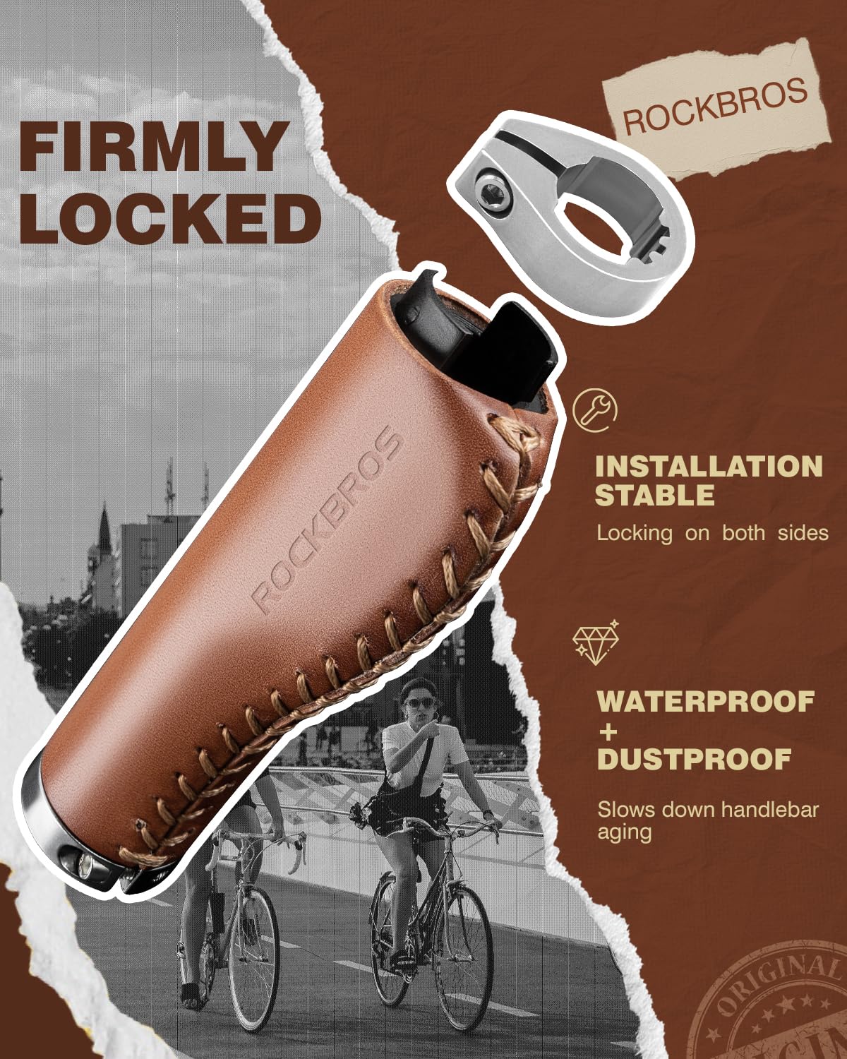 ROCKBROS Manopole per manubrio in pelle, design ergonomico, in alluminio, con doppio blocco, per BMX, Mountain, MTB, Beach Cruiser, scooter, bici pieghevole