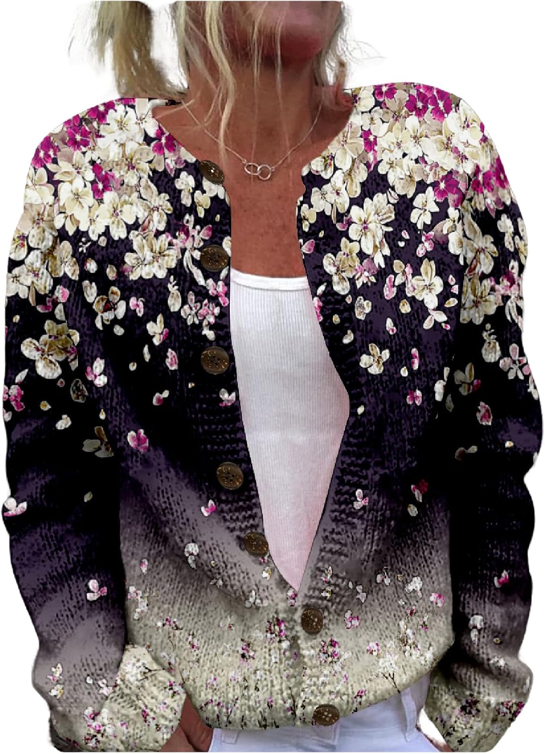 Floral Sweaters for Women Cardigan Button Up Cropped Knitted Oversized 2024 Fall Fashion Open Front Chunky Blouses