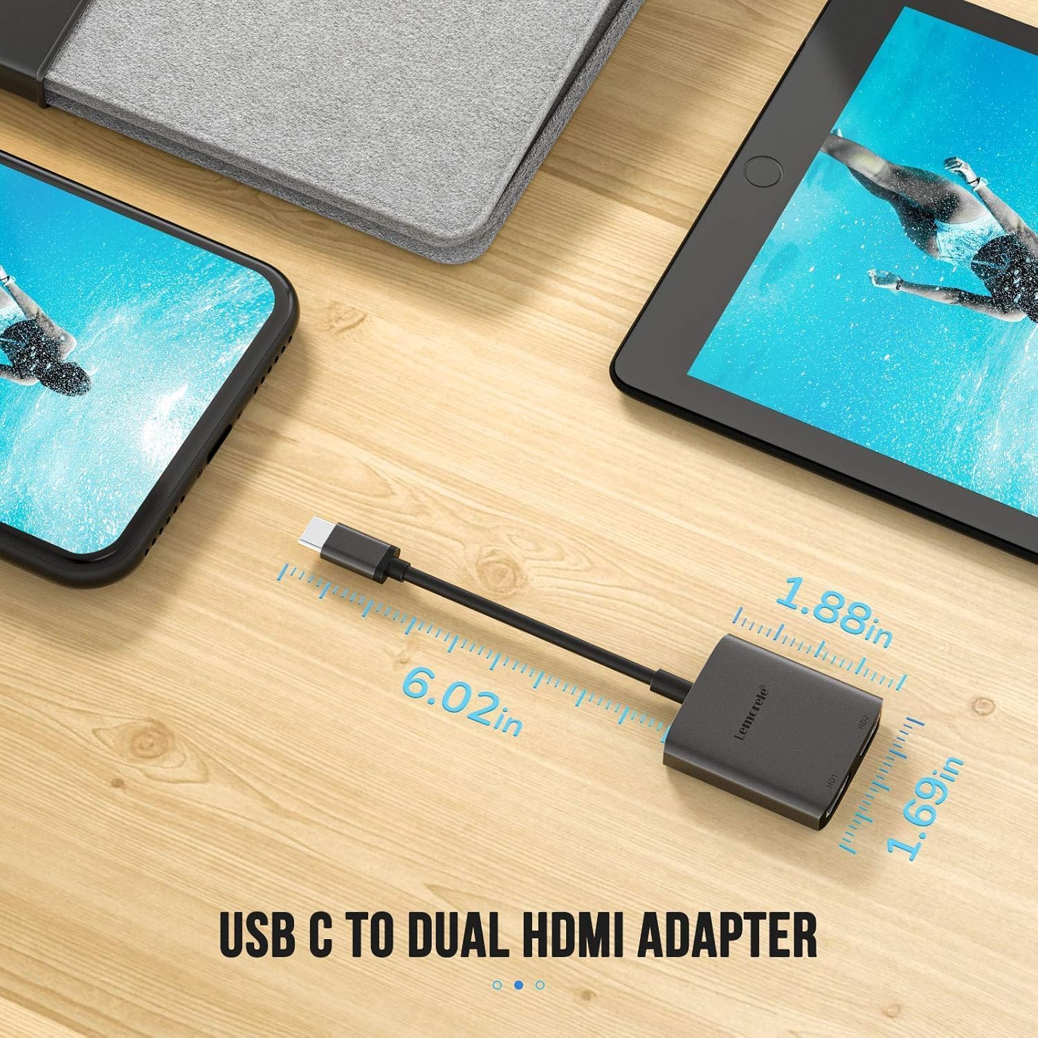 Lemorele USB C to Dual HDMI Adapter, Dual Monitor Adapter Converter Supports 4K@60Hz and Dual 4K@30Hz, for MacBook HP Dell Surface Thinkpad Type C Laptops, [macOS only Support SST Mode]