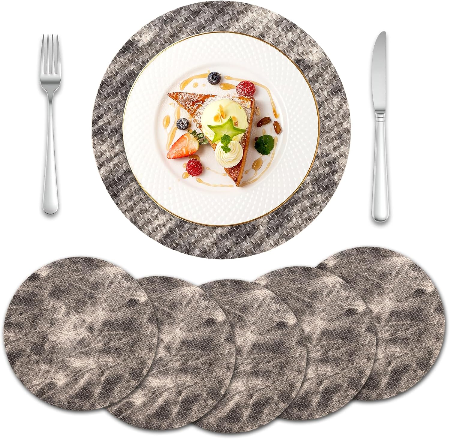 Braided Round Placemats Set of 6 Tie-dye Pattern 15 Inch Placemat Heat Resistant Leather Table Mats Double Layer Waterproof Non-Slip Indoor Outdoor Place Mat for Kitchen Dining Room Coffee Office