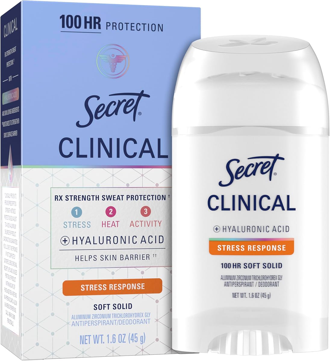 Secret Clinical Strength 100HR Sudor y olor, Desodorante antitranspirante sólido suave y sólido para mujeres, 3 veces protección contra el estrés con ácido hialurónico, minerales equilibrantes de PH, 1.6 oz