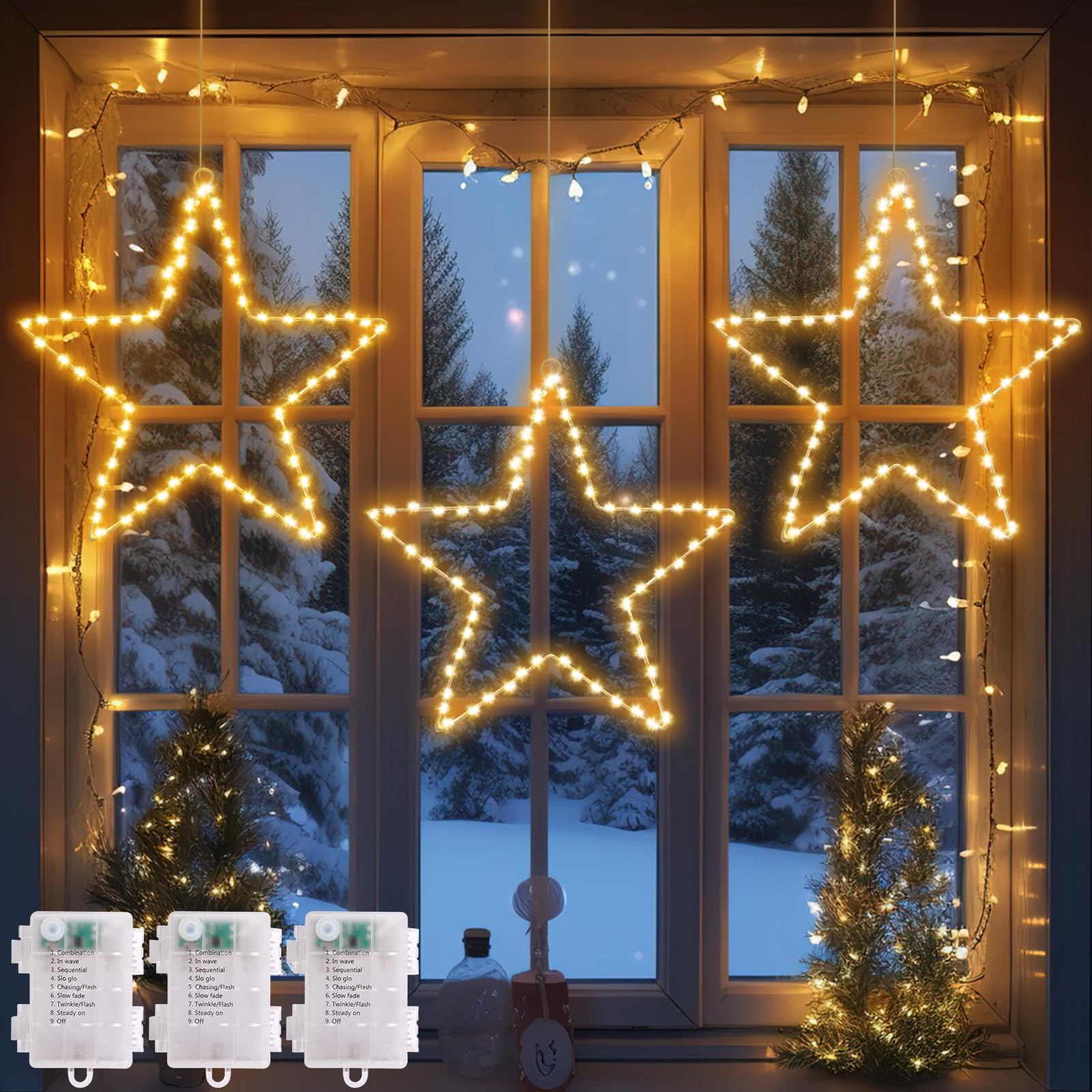 Luces Navidad Ventana, Paquete de 3 Luces LED Decoración Navidad de Ventana con 40 Luces LED Blanco Cálido 8 modos Guirnalda Luces de Navidad para Decoración Navidad Interior Exterior Balcón Fiesta