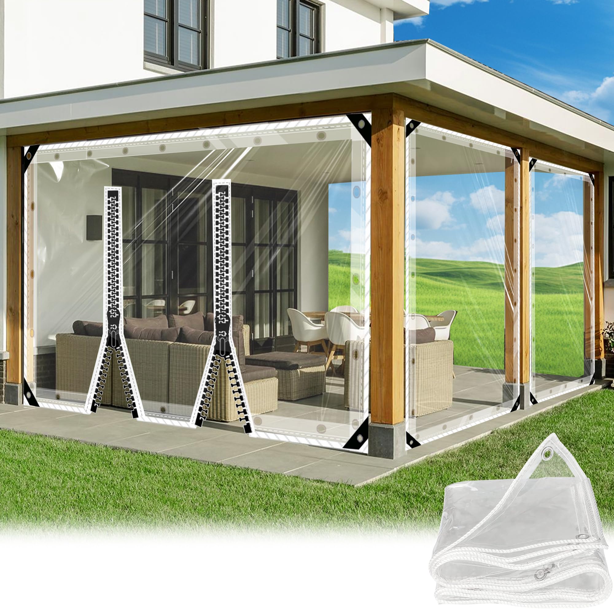 Sdllg With 2 Zippers Transparent Tarpaulin With Eyelets - 2.2 X 5.8 M, Zip, 0.35 Mm Pvc Glass Clear Waterproof Protective Tarps - All-Purpose