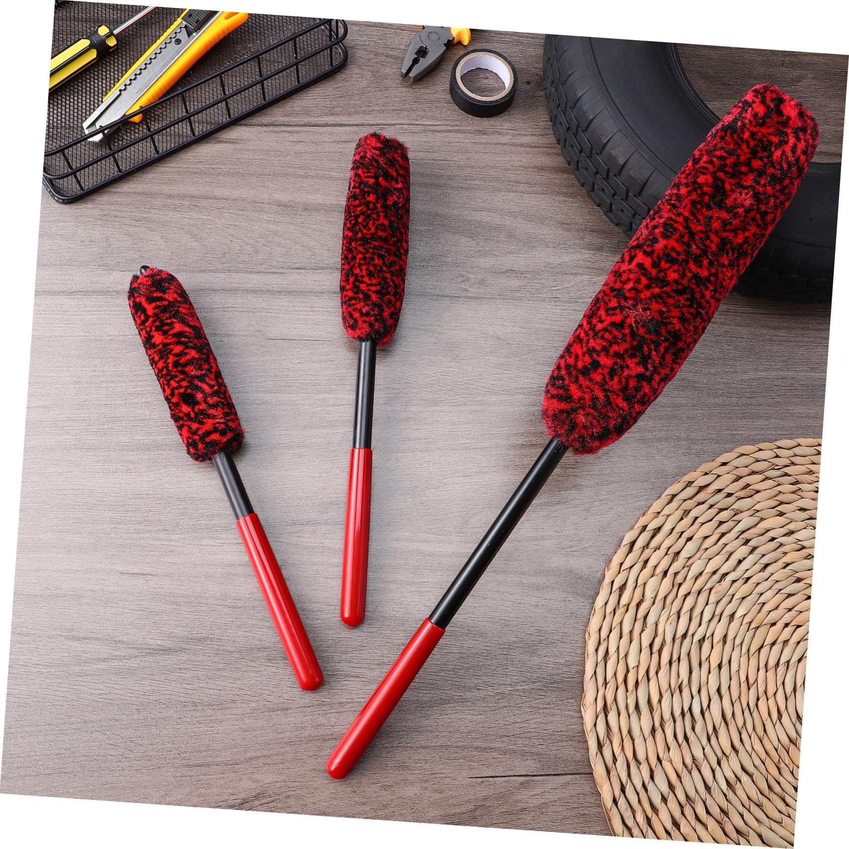 Amosfun 3 Series Cepillo para Llantas Detallado Flexible Chico Cepillos De Rueda Pincel Neumático Poderoso Lavar Ruedas Depurador De Llantas Limpiador Largo Automóvil Lana Rojo 3 Piezas*3