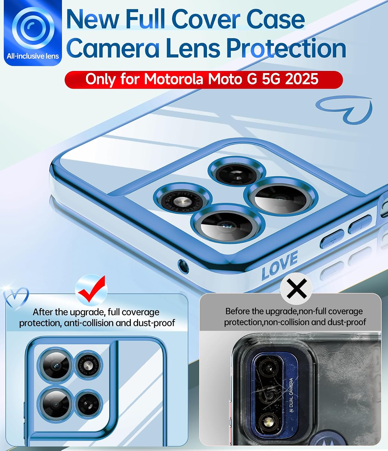  for Moto G 2025 Phone Case: with Tempered Glass Screen Protector [2 Pcs]+ Full Camera Lens Protection, Love Heart Plating Girly Luxury Soft TPU Unlocked Android Case, Sierra Blue thumbnail