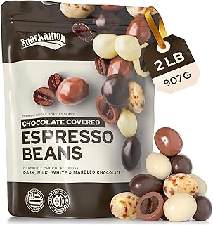 Snackathon Chocolate Covered Espresso Beans, 4 Chocolate Blend (Dark, Milk, White, Marbled), Bulk 2 Pound Bag, Made in USA, Gourmet Candy Snack for Coffee Lovers