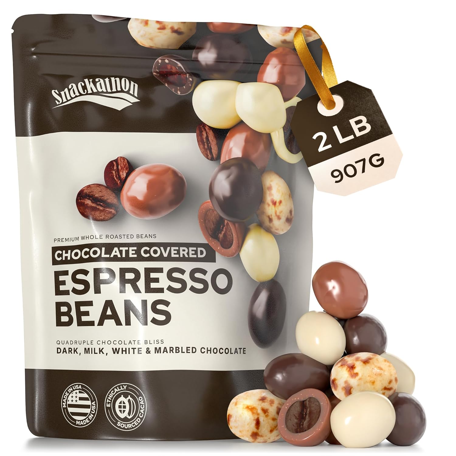 Snackathon Chocolate Covered Espresso Beans, 4 Chocolate Blend (Dark, Milk, White, Marbled), Bulk 2 Pound Bag, Gourmet Candy Snack for Coffee Lovers