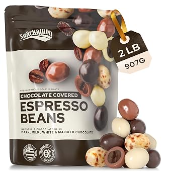 Snackathon Chocolate Covered Espresso Beans, 4 Chocolate Blend Dark, Milk, White, Marbled, Bulk 2 Pound Bag, Gourmet Candy Snack for Coffee Lovers
