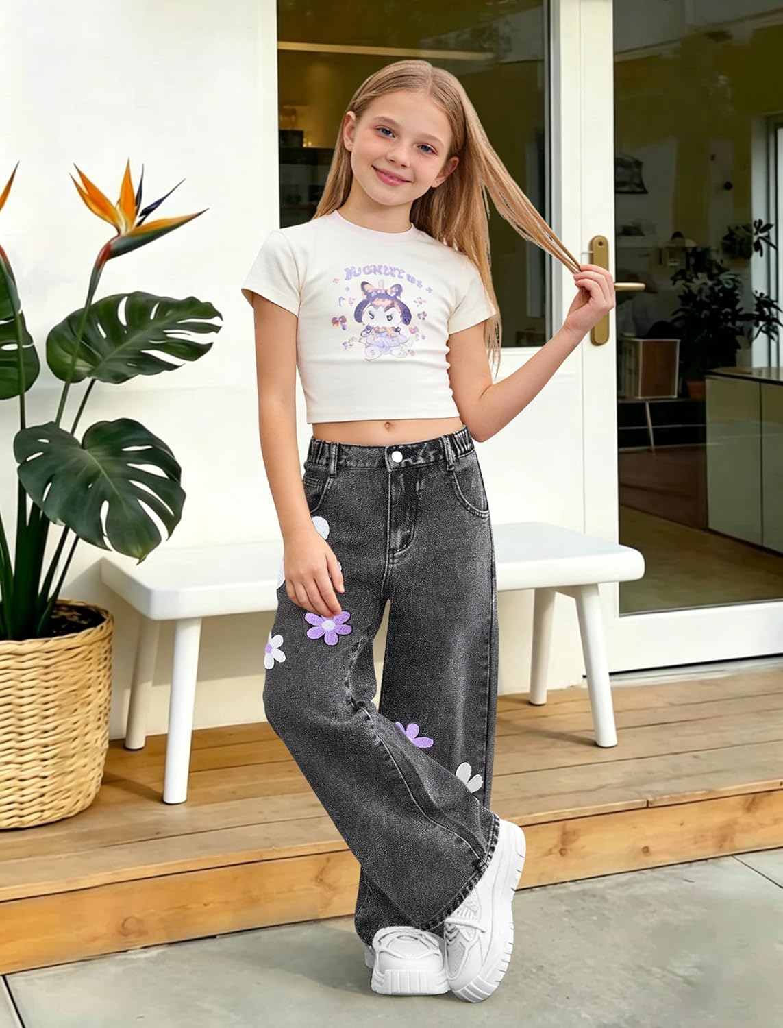 Girls Jeans Baggy Wide Leg Floral Print Denim Pants High Waisted Cute Y2K Trousers Casual Tweens Streetwear 7-14Y