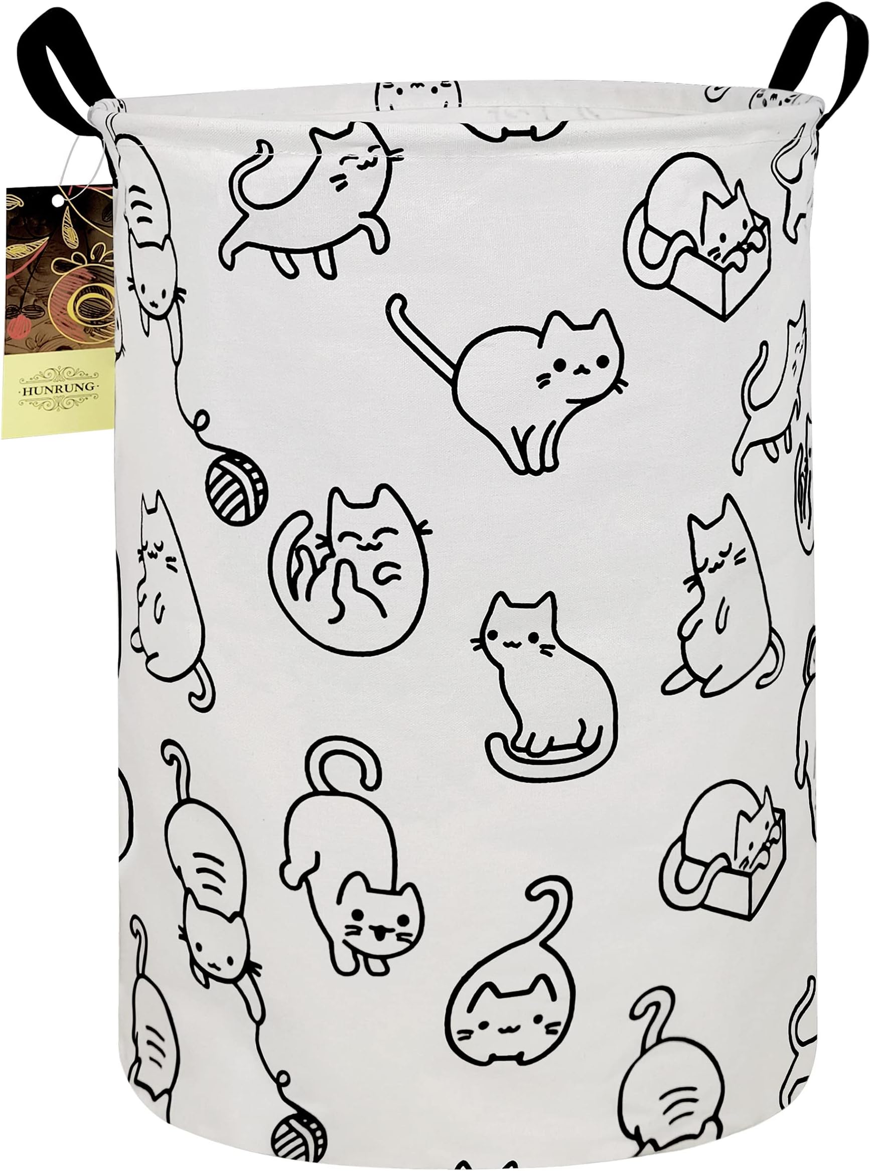 HUNRUNG Collapsible Fabric Storage Basket, Waterproof Laundry Hamper with Handles, Round Storage Bin for Clothes Toys, Foldable Organizer for Bedroom Nursery Bathroom(Round-Black cat)