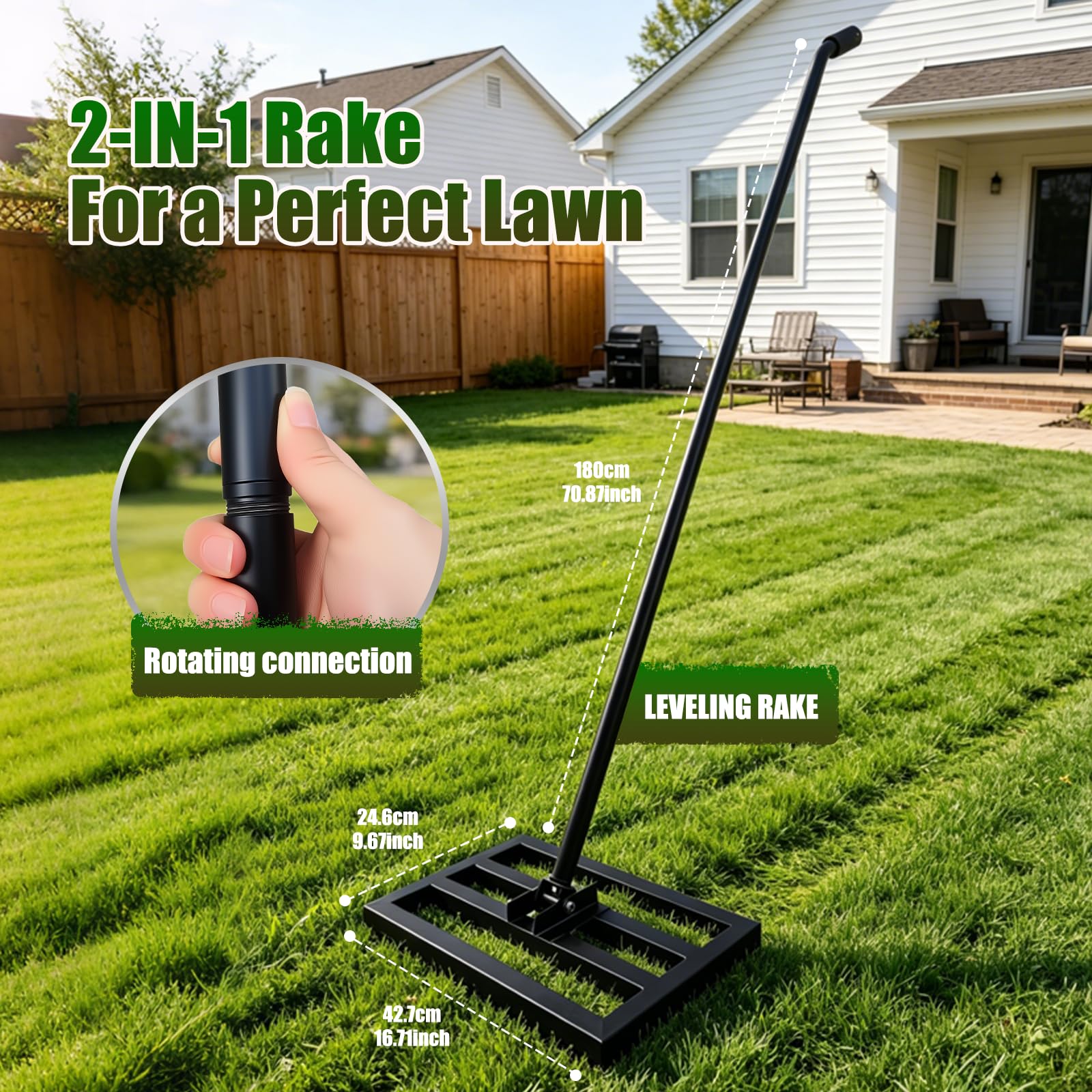 Rastrello professionale per livellare il prato, 43 cm x 25 cm, piastra in acciaio resistente, manico ergonomico da 180 cm per livellare il terreno senza sforzo in giardini, campi da golf e orti