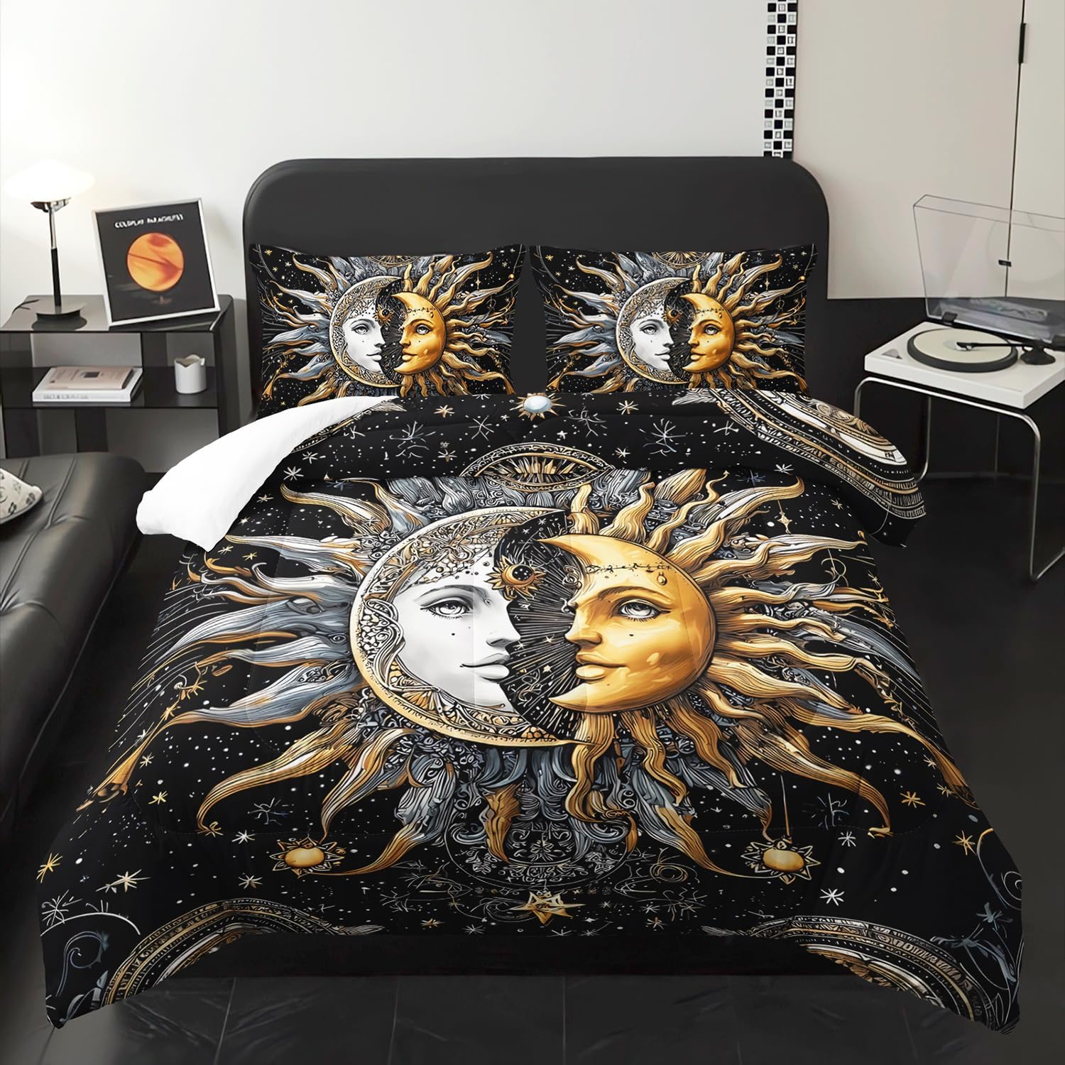 Sun Moon Star Comforter 3Pcs Queen Mystic Celestial Galaxy Night Starry Space Bedding Set for Kid Teen Girl Boy Adult Occult Crescent Psychedelic Quilt Bed Decor with 1 Comforter+2 Pillowcases