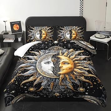 Sun Moon Star Comforter 3Pcs Queen Mystic Celestial Galaxy Sky Bedding Set