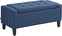 HOMCOM 36" Storage Ottoman Bench with Lift-Top, Linen Upholstery & Rubberwood Legs - 330 lbs Capacity, Dark Blue for Living Room Bedroom