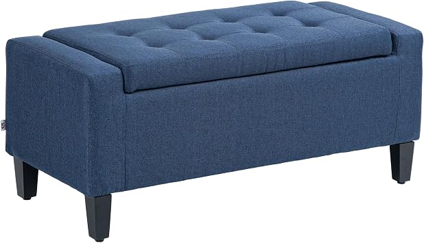 HOMCOM 36 Ottoman with Storage, Storage Ottoman Bench with Lift Top and Rubberwood Legs, Linen Upholstered Entryway Seat with for Living Room, Bedroom, Holds up to 330 lb, Dark Blue