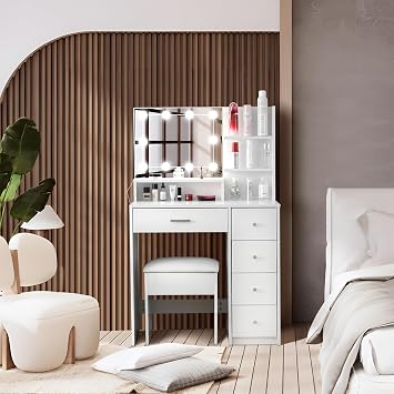 OSJ Dresser Vanity Table, Dresser Stand, LED Light, Storage Shelf, Actress Mirror, Drawer, Storage Chair Set, Makeup Stand, Simple, Large Capacity, Cute