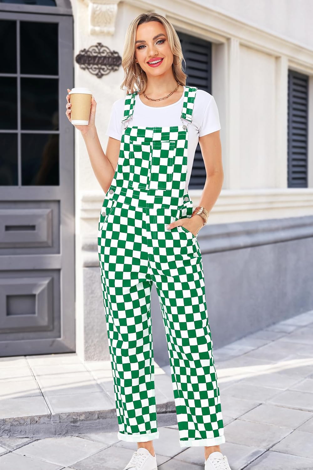 Womens Checkered Bibs Overalls Cotton Denim Coveralls Stretch Jeans Jumpsuit - Image 2