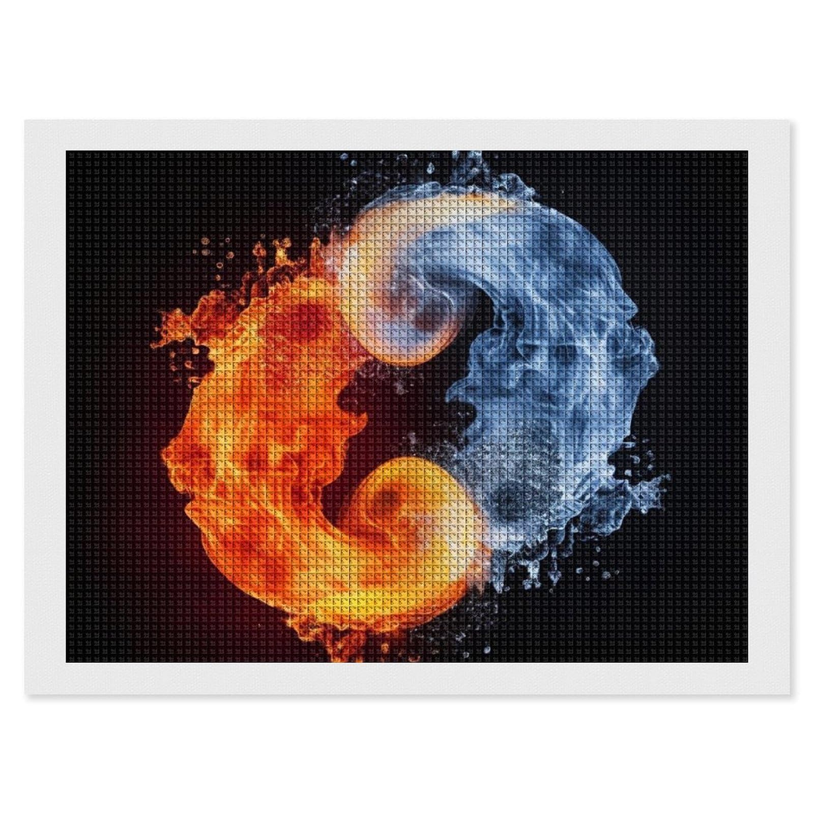 Yin Yang Fire Water Diamond Art Kits for Adults, DIY 5D Diamonds Painting Kits for Beginner, Round Full Drill Diamond Dots Painting, 12"x16" Diamonds Pictures Gem Art and Crafts Wall Decor