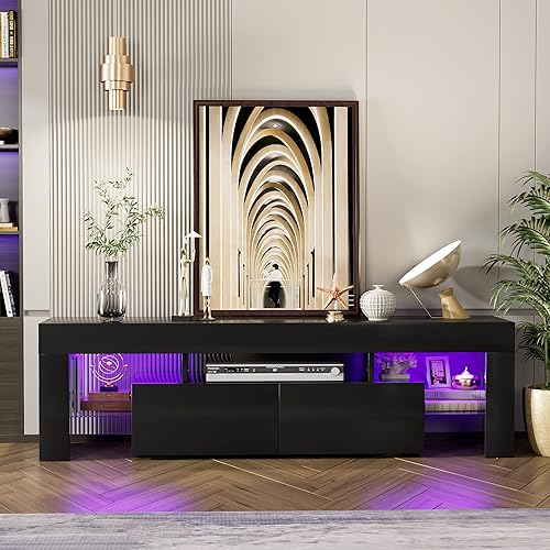Miniatura 7 de JUMMICO Soporte de TV con luces LED, centro de entretenimiento moderno y estante abierto, mesa de almacenamiento con 1 cajón y control remoto, 20